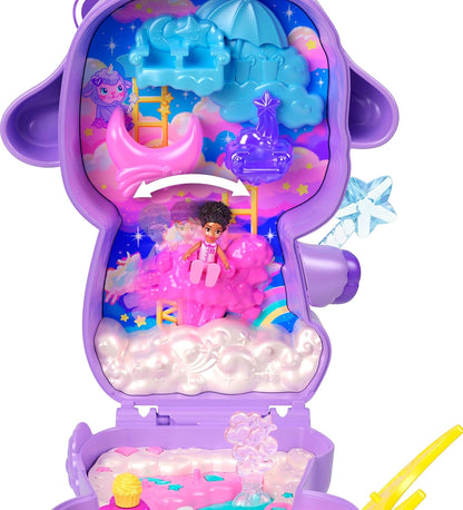 Polly Pocket Puppen und Spielset, Traumland-Schatulle in Lammform, Reisespielzeug mit 1 Minipuppe, Haustier-Einhorn, Futter- und Stylingzubehör, JCB15