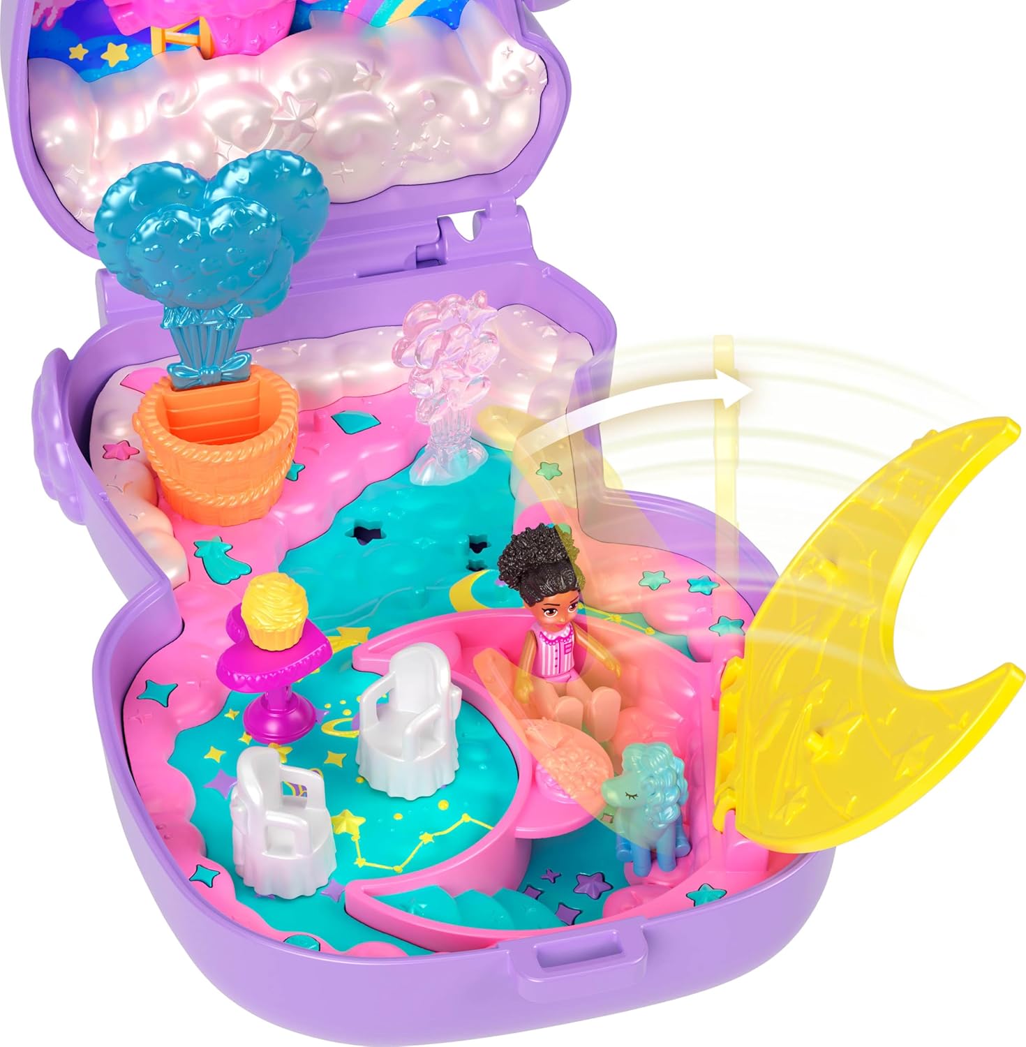 Polly Pocket Puppen und Spielset, Traumland-Schatulle in Lammform, Reisespielzeug mit 1 Minipuppe, Haustier-Einhorn, Futter- und Stylingzubehör, JCB15