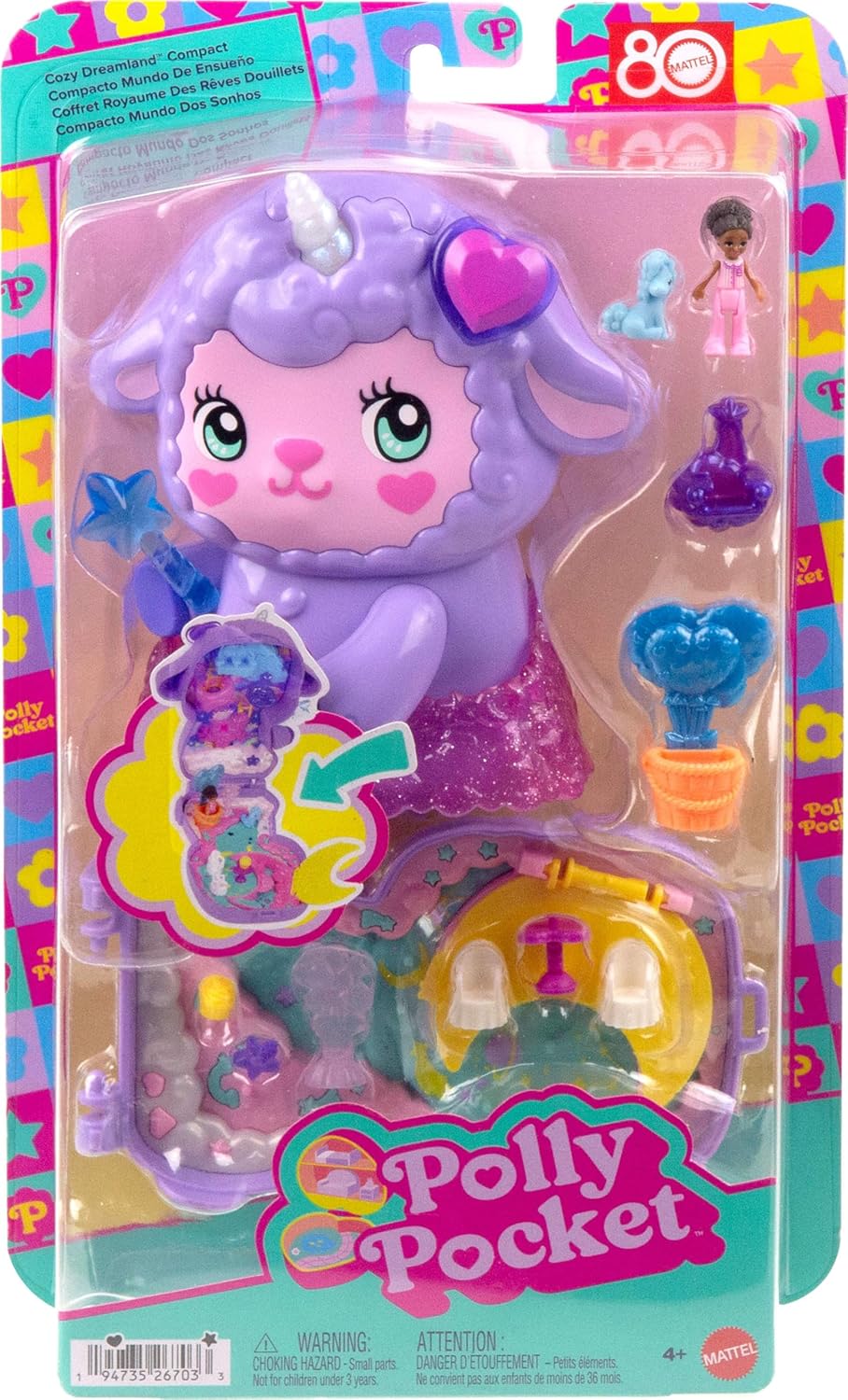 Polly Pocket Puppen und Spielset, Traumland-Schatulle in Lammform, Reisespielzeug mit 1 Minipuppe, Haustier-Einhorn, Futter- und Stylingzubehör, JCB15