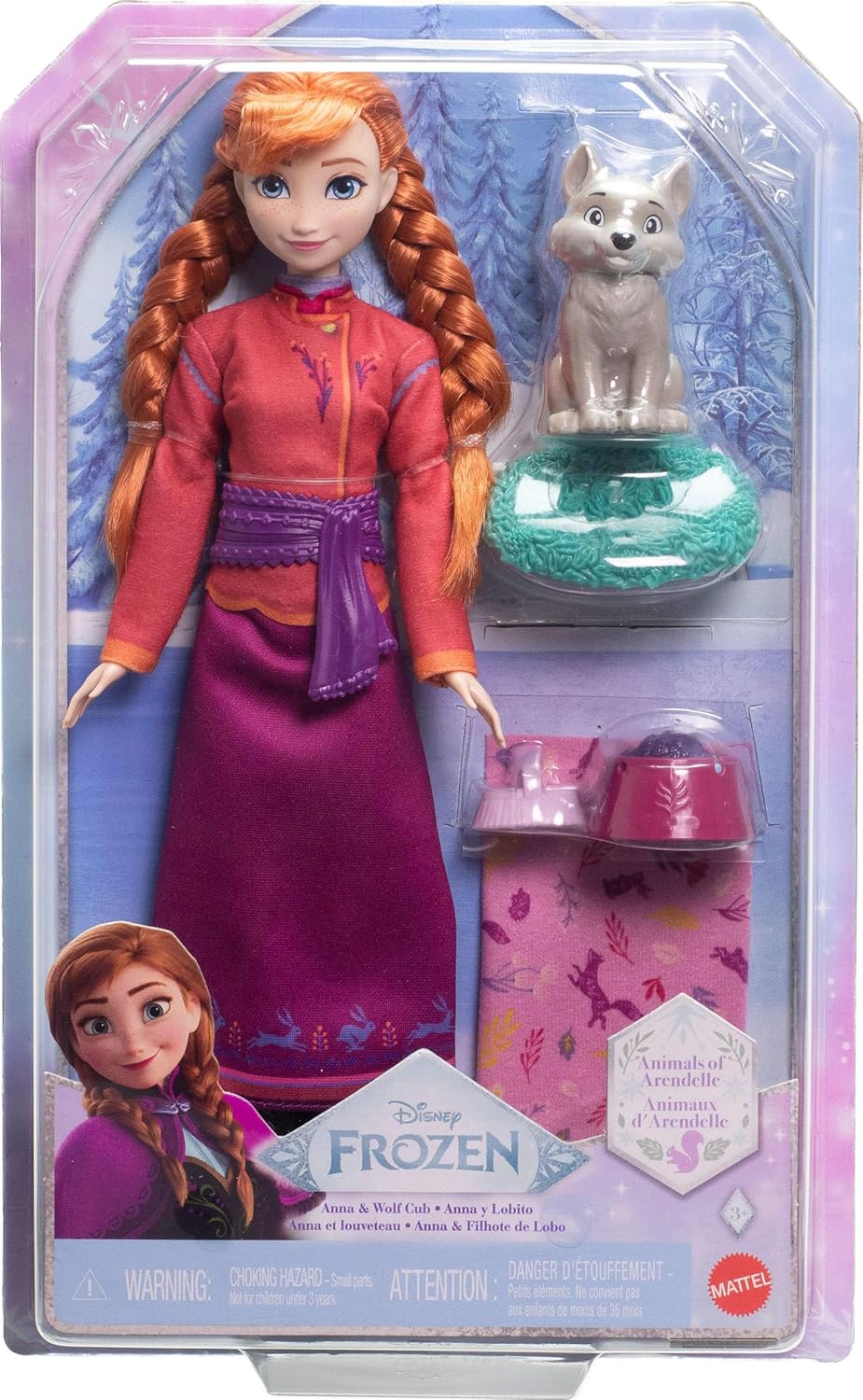 Mattel Disney Frozen Anna Fashion Doll & Wolf Cub Figure with 4 Accessories Including Animal Bed & Blanket, Inspired by Animals of Arendelle, JFG17