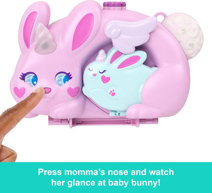Polly Pocket Wearable Travel Toy with 2 Micro Dolls and 12 Accessories Including Pets, 2-in-1 Bunny Fun Compact Purse Playset with Bunny Unicorn Theme, JFT88