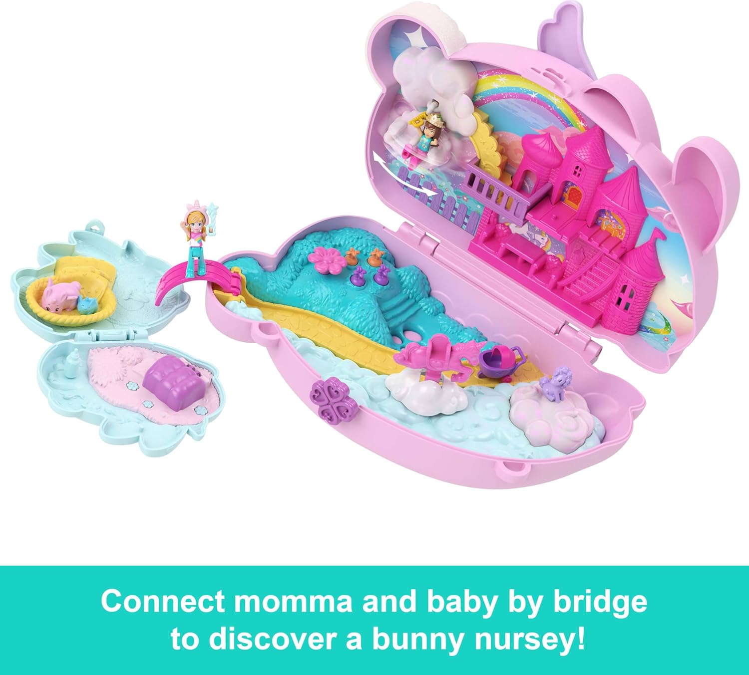 Polly Pocket Wearable Travel Toy with 2 Micro Dolls and 12 Accessories Including Pets, 2-in-1 Bunny Fun Compact Purse Playset with Bunny Unicorn Theme, JFT88