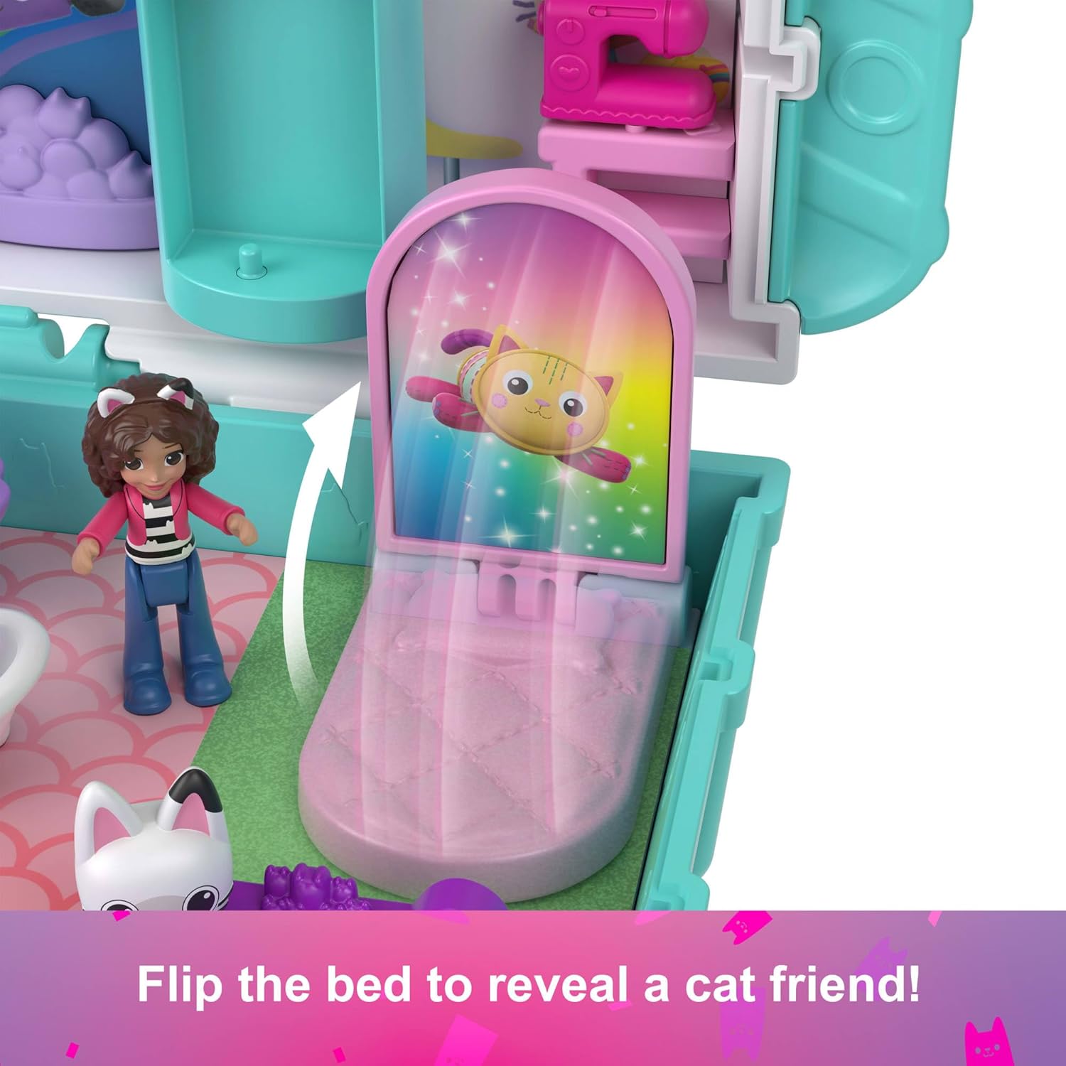 Polly Pocket x Gabby’s Dollhouse Compact, Micro Dolls and Playset, 9 Themed Accessories, Pandy Paws, Cakey, & MerCat Pet Friends, JFV02
