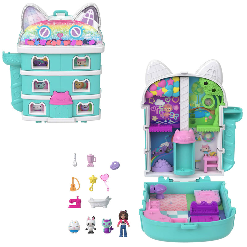 Polly Pocket x Gabby’s Dollhouse Compact, Micro Dolls and Playset, 9 Themed Accessories, Pandy Paws, Cakey, & MerCat Pet Friends, JFV02