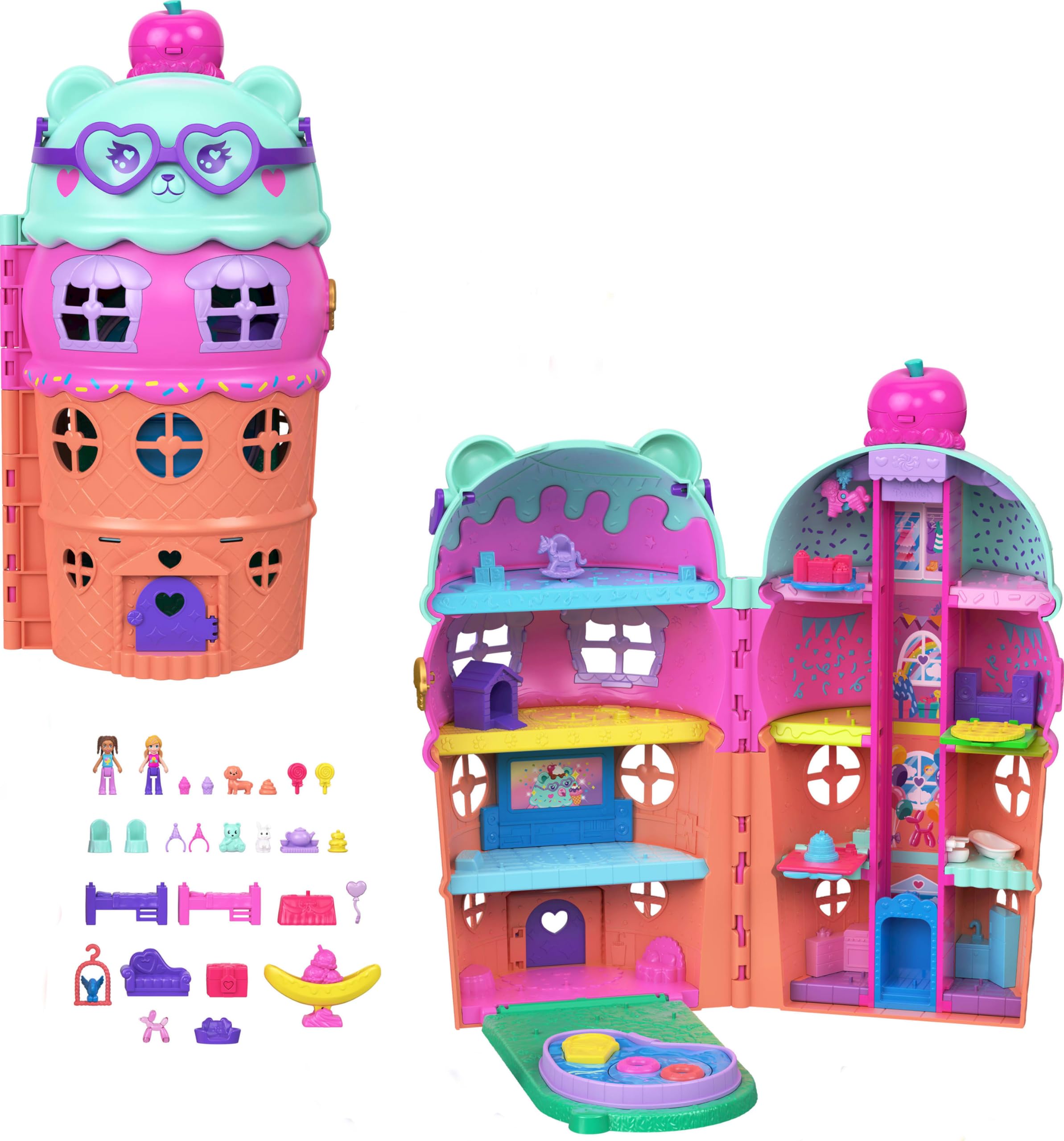 Polly Pocket Micro Dolls & Large Gelato House Playset, Ice Cream Bear Theme with 25+ Accessories Including Furniture, Food, and Pets (Amazon Exclusive