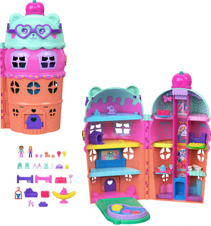 Polly Pocket Micro Dolls & Large Gelato House Playset, Ice Cream Bear Theme with 25+ Accessories Including Furniture, Food, and Pets (Amazon Exclusive