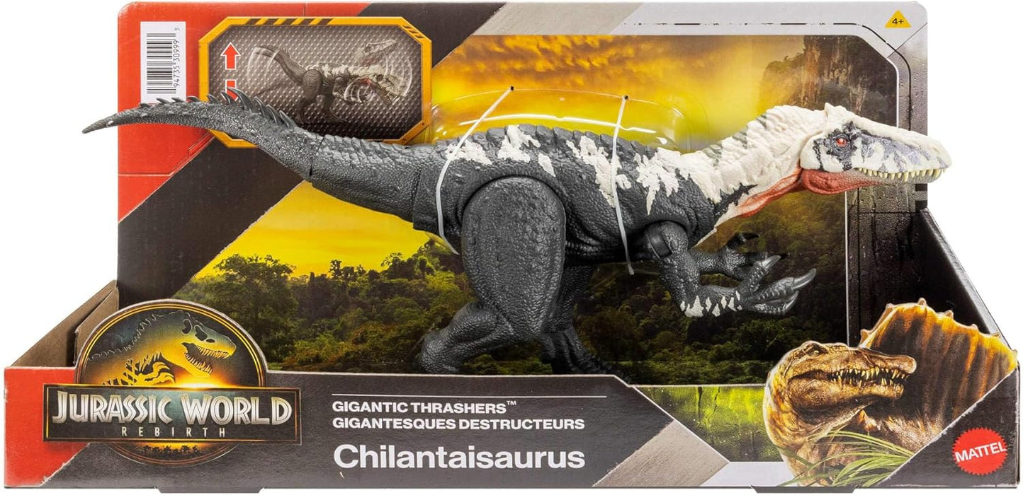 Mattel Jurassic World Rebirth Gigantic Thrashers Dinosaur Figure, Chilantalsaurus Large Species Toy, 2 Rampage Attacks, Digital Play, JGB95