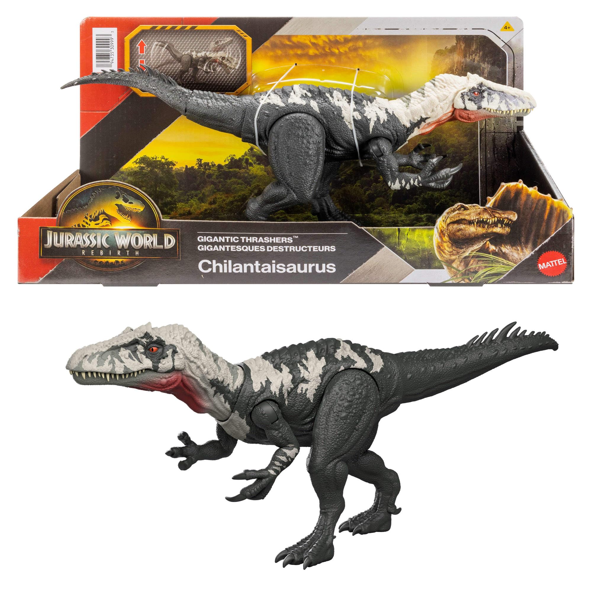 Mattel Jurassic World Rebirth Gigantic Thrashers Dinosaur Figure, Chilantalsaurus Large Species Toy, 2 Rampage Attacks, Digital Play, JGB95
