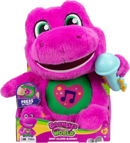 Barney World Toddler Toys, Tall Plush, 10.5 -inch Figure with Sounds, Soft Texture for Play, Kids Ages 2+ Years, Multilingual Version in English, French, German, Italian and Dutch, JGT51
