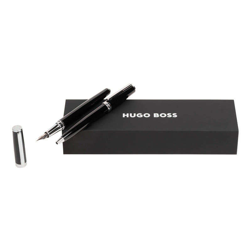 Hugo Boss Pen Set Gear Icon Black HPBP254A (Ballpoint Pen & Fountain Pen) | Gift Box