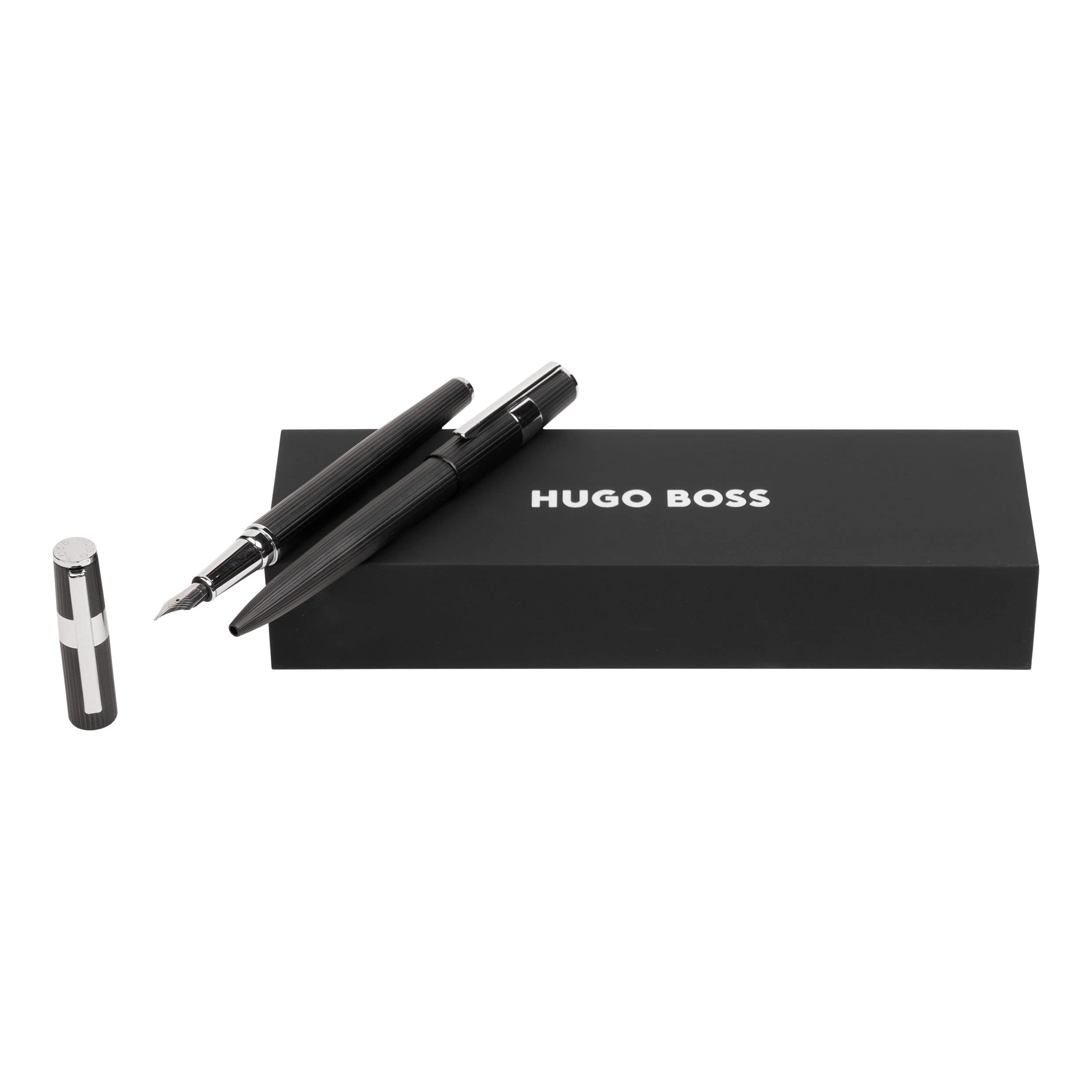 Hugo Boss Pen Set Gear Pinstripe Black/Chrome (Ballpoint Pen & Fountain Pen) | Gift Box