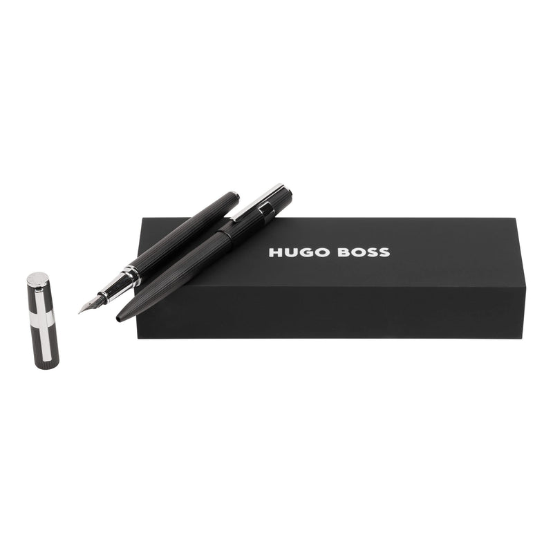 Hugo Boss Pen Set Gear Pinstripe Black/Chrome (Ballpoint Pen & Fountain Pen) | Gift Box