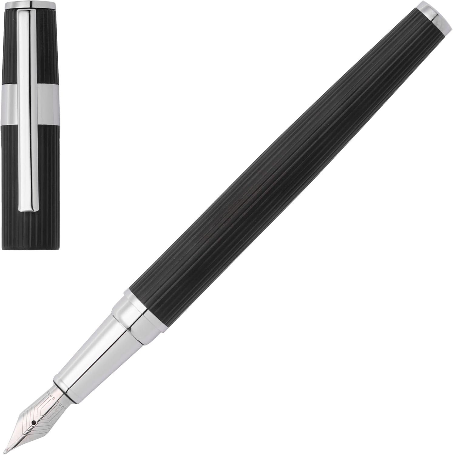 Hugo Boss Pen Set Gear Pinstripe Black/Chrome (Ballpoint Pen & Fountain Pen) | Gift Box