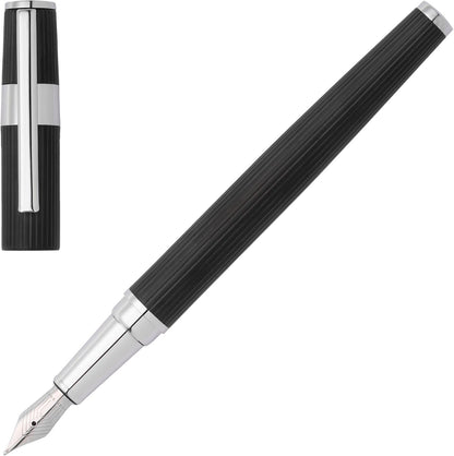 Hugo Boss Pen Set Gear Pinstripe Black/Chrome (Ballpoint Pen & Fountain Pen) | Gift Box