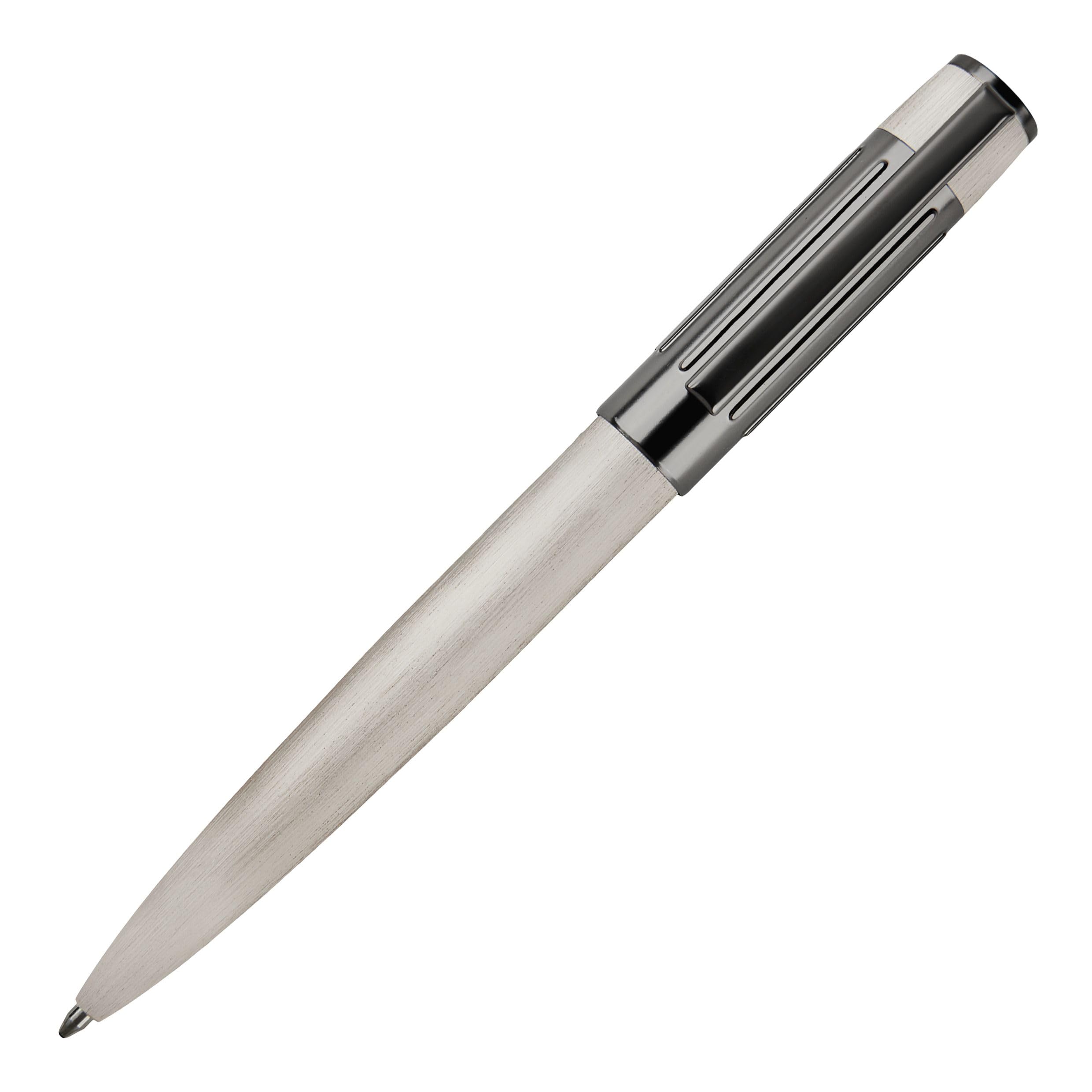 Hugo Boss Gear Ribs HSV3064B Brass and Aluminium Ballpoint Pen - Chrome - Length: 13.8cm - Blue