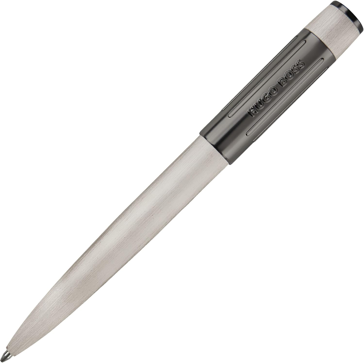 Hugo Boss Gear Ribs HSV3064B Brass and Aluminium Ballpoint Pen - Chrome - Length: 13.8cm - Blue