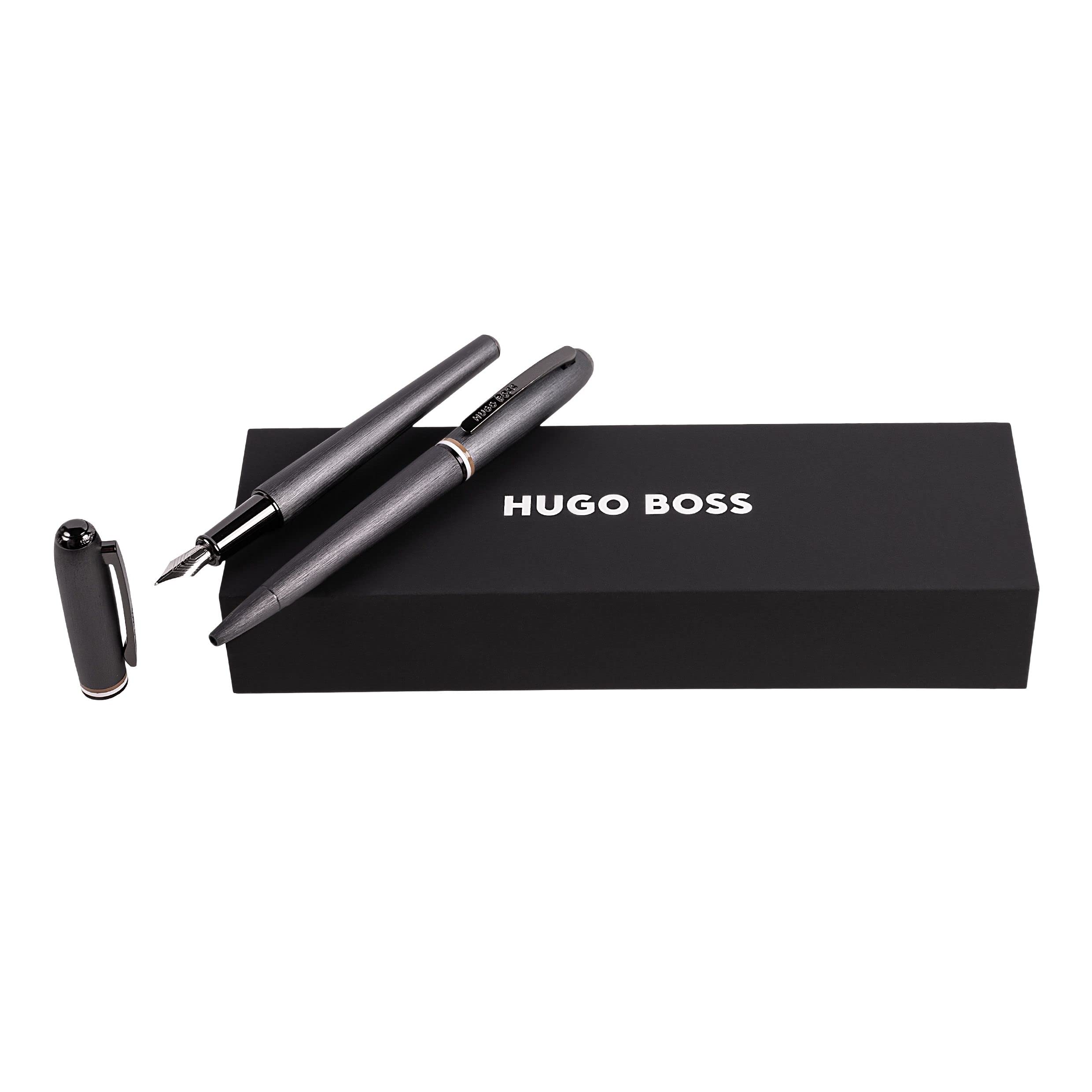 BOSS Hugo Contour Iconic HPBP341D Aluminium Ballpoint Pen & Fountain Pen Set, Dark Grey, 200 x 62 x 34 mm