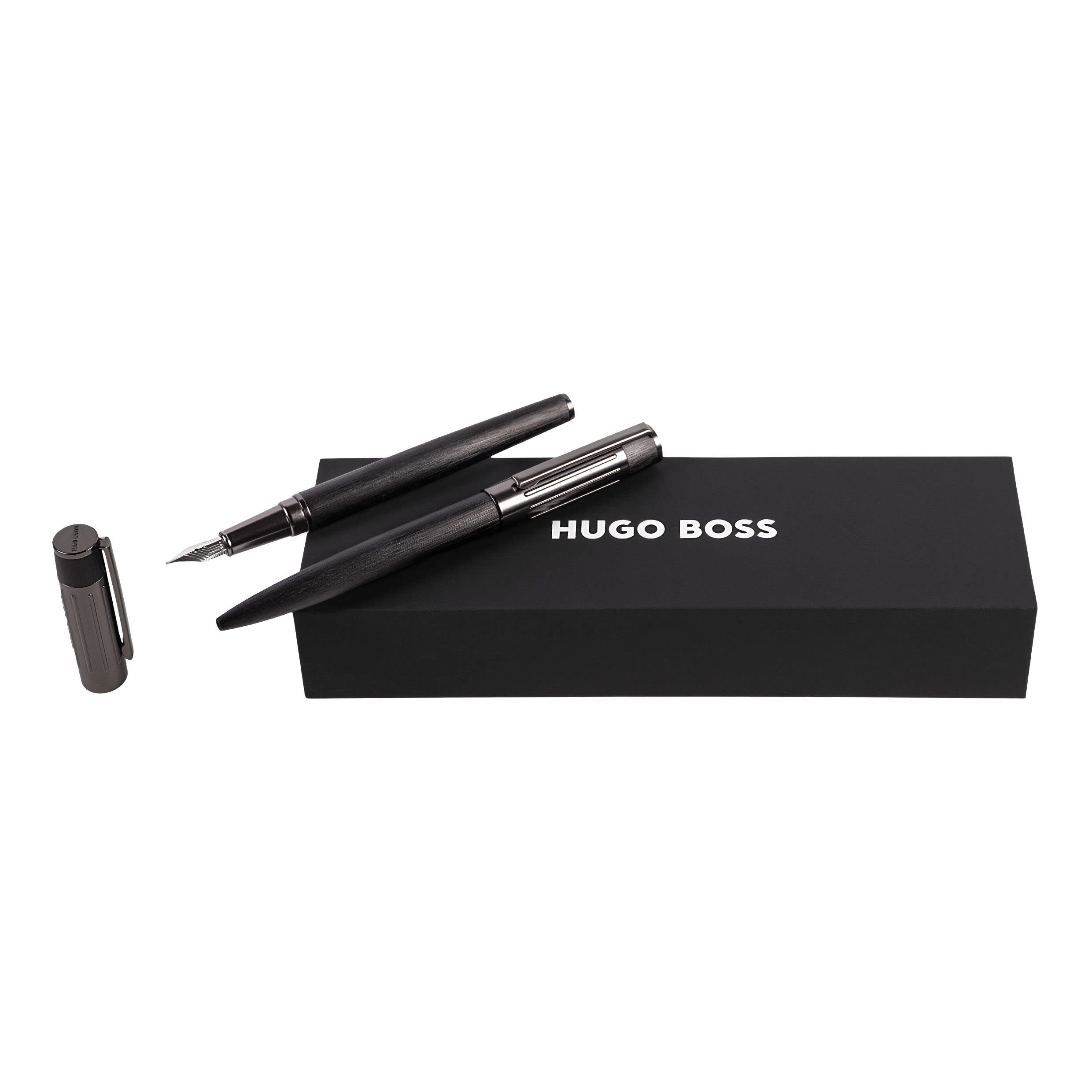 Hugo Boss Gear Ribs Black Ballpoint Pen & Fountain Pen Set, Dark Green/Black, Dimensions: 200 x 62 x 34 mm, HPBP306A