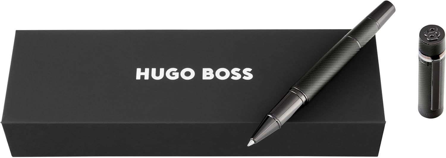 BOSS HUGO Core Iconic Black - Exclusive Brass Writing Instrument, Matte & Powder Coated in Gift Box - Elegant Design & Precise Lines (HSF521) (Rollerball)