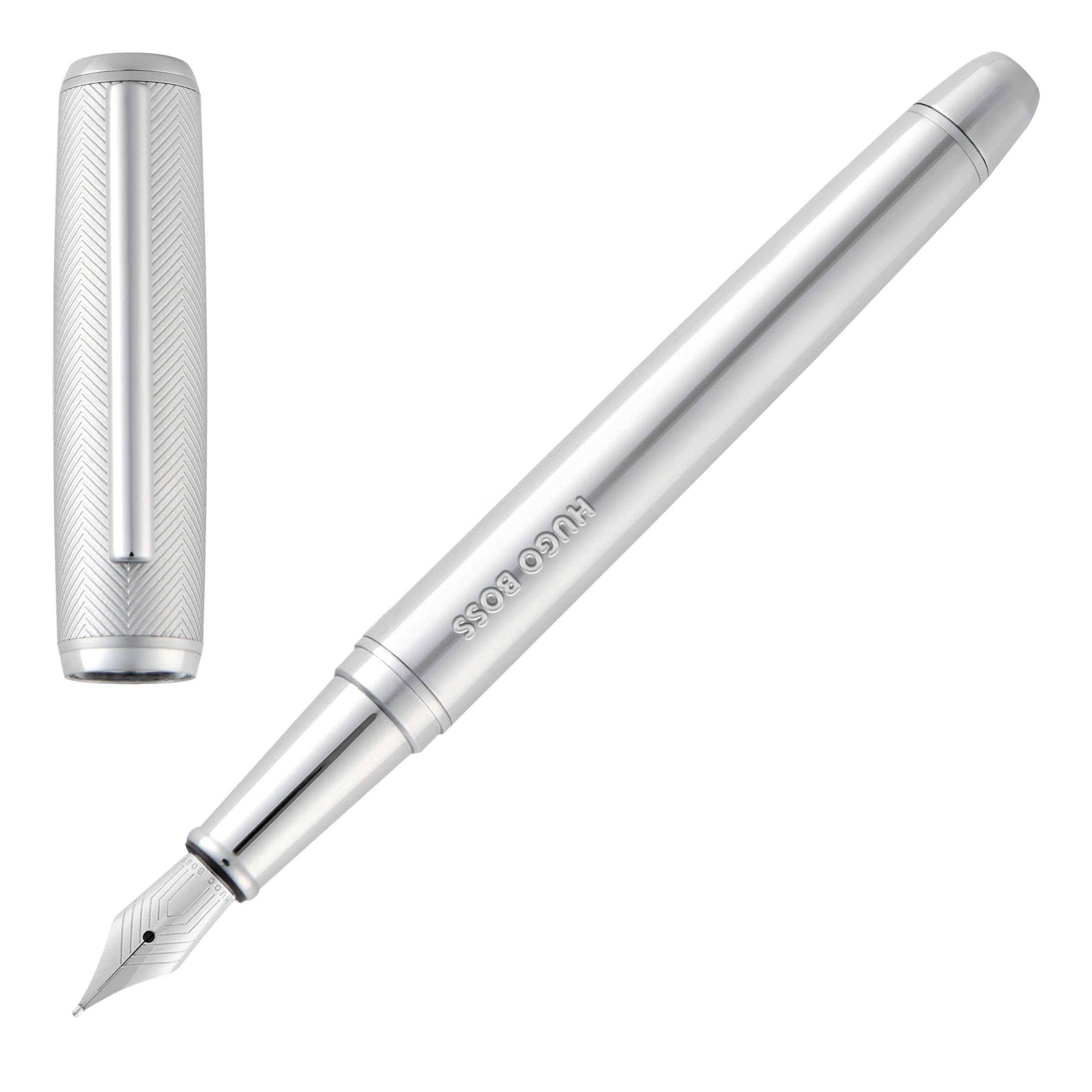 BOSS HUGO Pace Fountain Pen - Elegant Brass Writing Instrument Matte with Stainless Steel Nib - High-Quality Workmanship & Gift Packaging (HSL5652) (Silver