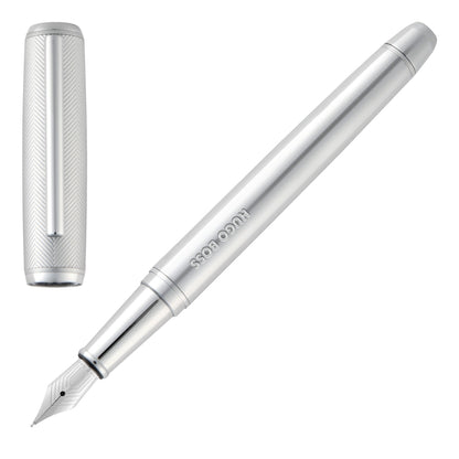 BOSS HUGO Pace Fountain Pen - Elegant Brass Writing Instrument Matte with Stainless Steel Nib - High-Quality Workmanship & Gift Packaging (HSL5652) (Silver