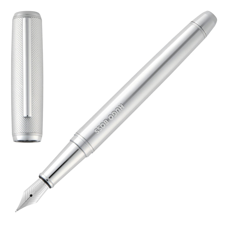BOSS HUGO Pace Fountain Pen - Elegant Brass Writing Instrument Matte with Stainless Steel Nib - High-Quality Workmanship & Gift Packaging (HSL5652) (Silver
