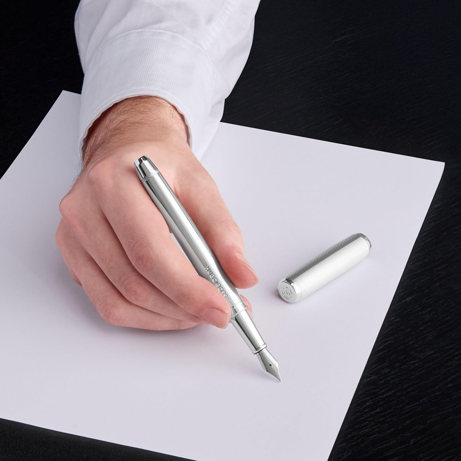 BOSS HUGO Pace Fountain Pen - Elegant Brass Writing Instrument Matte with Stainless Steel Nib - High-Quality Workmanship & Gift Packaging (HSL5652) (Silver