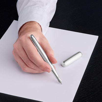 BOSS HUGO Pace Fountain Pen - Elegant Brass Writing Instrument Matte with Stainless Steel Nib - High-Quality Workmanship & Gift Packaging (HSL5652) (Silver