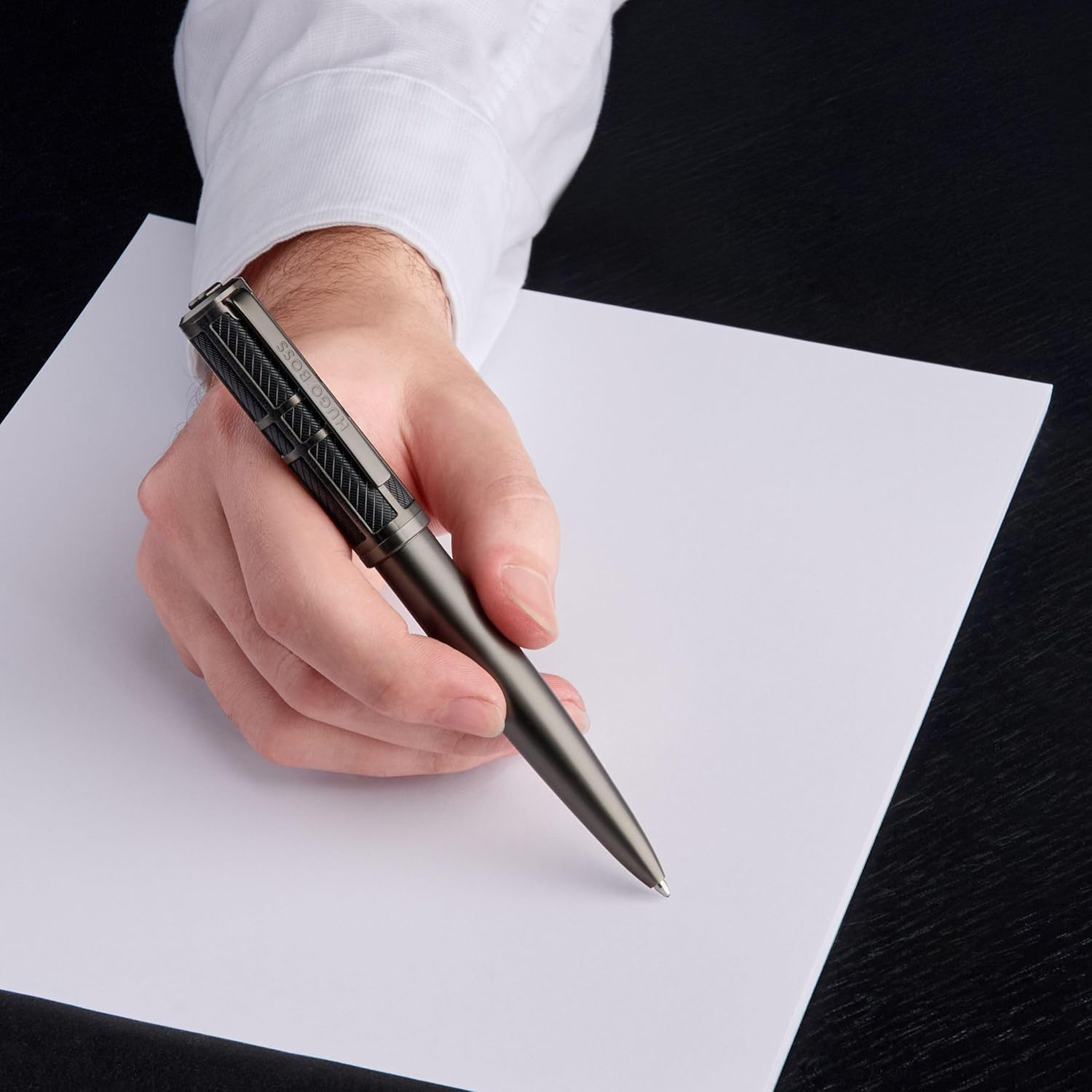 BOSS HUGO Frame Grid Black & Gun - Exclusive Textured Brass Ballpoint Pen - High Quality Writing Instrument in Gift Box - Industrial Design & Comfortable Feel (HSS5874