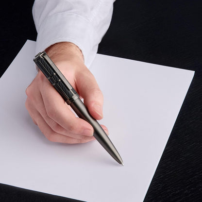 BOSS HUGO Frame Grid Black & Gun - Exclusive Textured Brass Ballpoint Pen - High Quality Writing Instrument in Gift Box - Industrial Design & Comfortable Feel (HSS5874