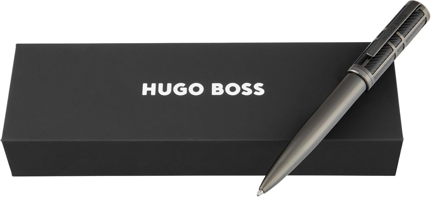 BOSS HUGO Frame Grid Black & Gun - Exclusive Textured Brass Ballpoint Pen - High Quality Writing Instrument in Gift Box - Industrial Design & Comfortable Feel (HSS5874