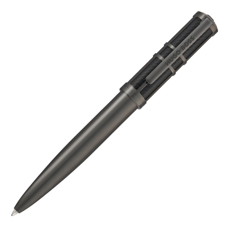 BOSS HUGO Frame Grid Black & Gun - Exclusive Textured Brass Ballpoint Pen - High Quality Writing Instrument in Gift Box - Industrial Design & Comfortable Feel (HSS5874