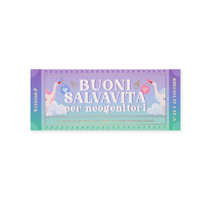 Legami - Pad of 48 (24 + 24) Voucher for New Parents in Italian, Voucher with Punched for Tear, Gift Idea, New Parents' Theme, 8 x 3.3 inches