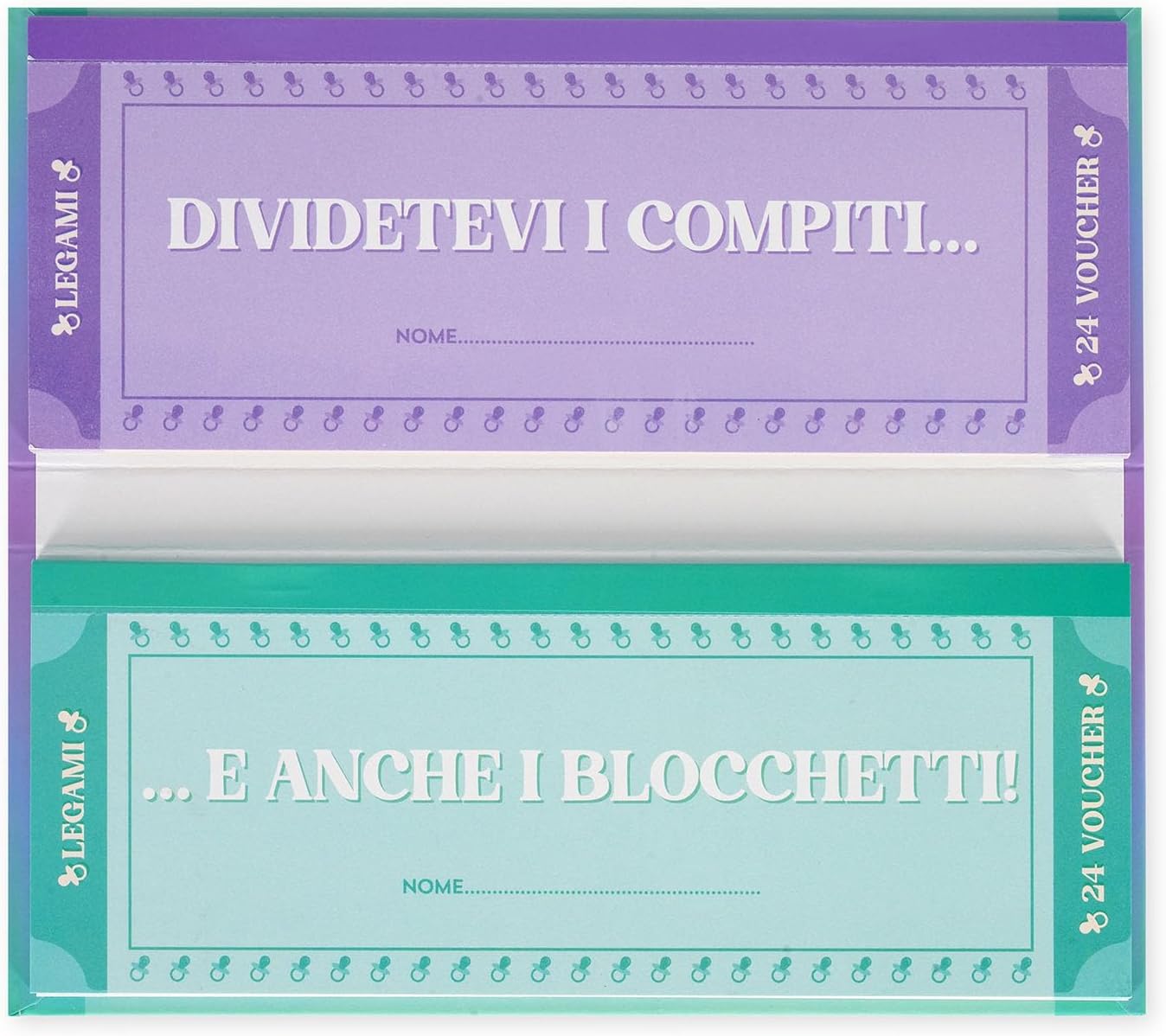 Legami - Pad of 48 (24 + 24) Voucher for New Parents in Italian, Voucher with Punched for Tear, Gift Idea, New Parents' Theme, 8 x 3.3 inches