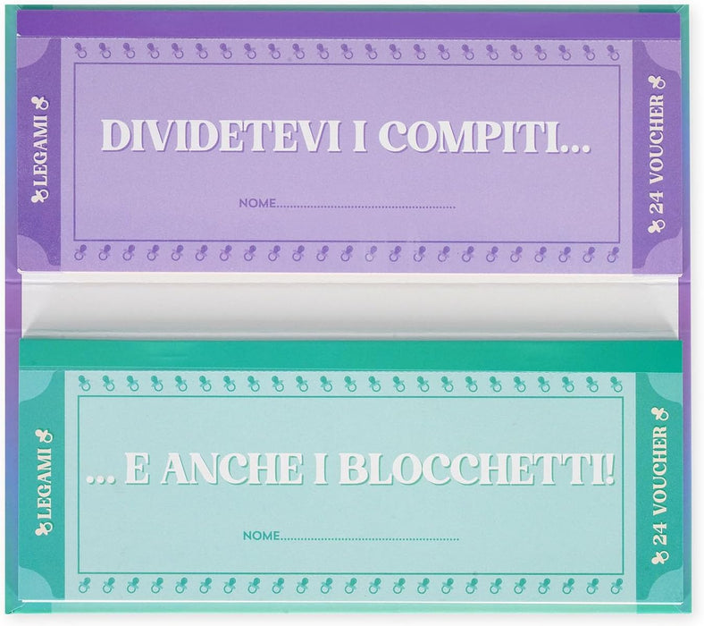 Legami - Pad of 48 (24 + 24) Voucher for New Parents in Italian, Voucher with Punched for Tear, Gift Idea, New Parents' Theme, 8 x 3.3 inches