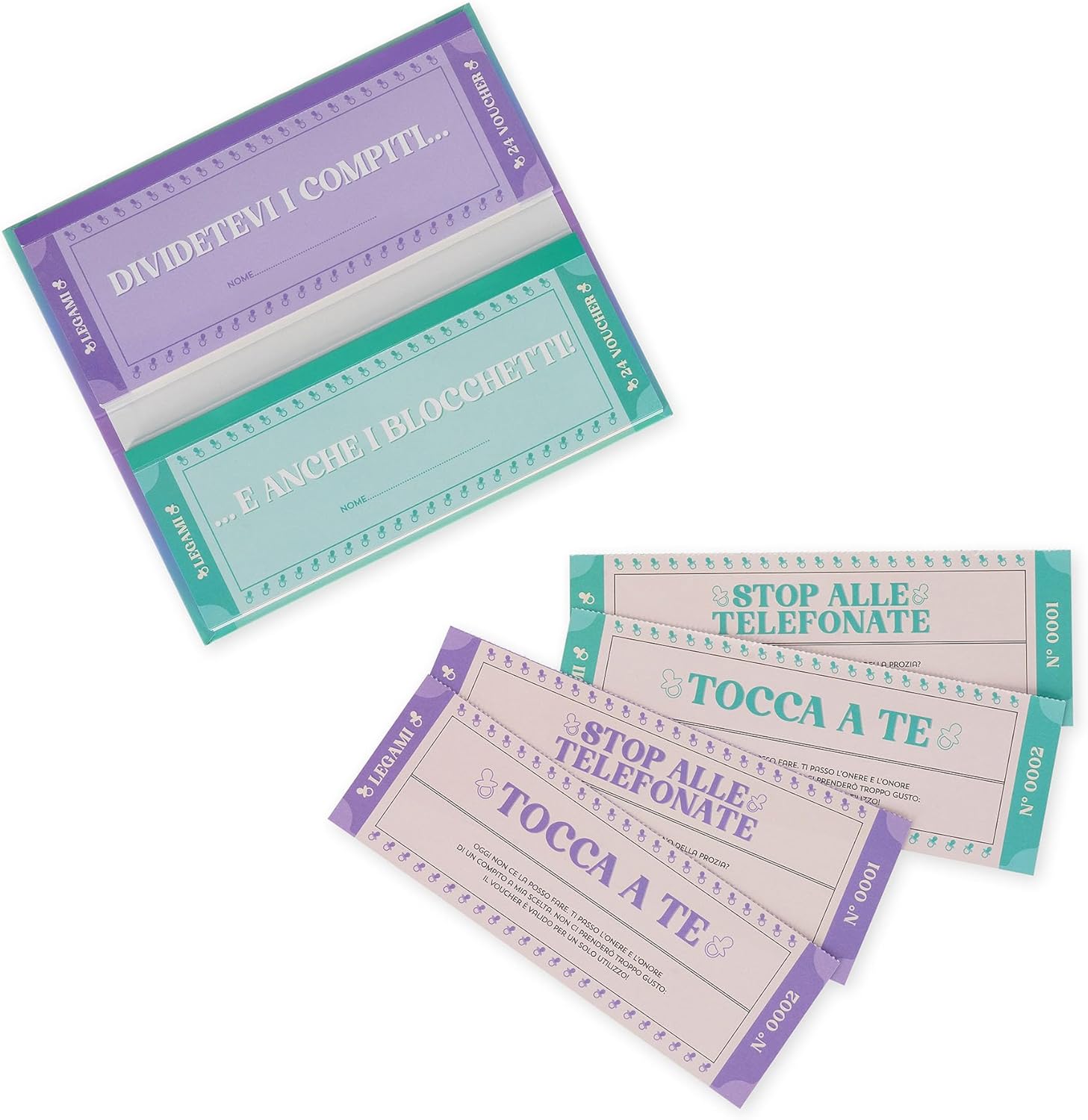 Legami - Pad of 48 (24 + 24) Voucher for New Parents in Italian, Voucher with Punched for Tear, Gift Idea, New Parents' Theme, 8 x 3.3 inches