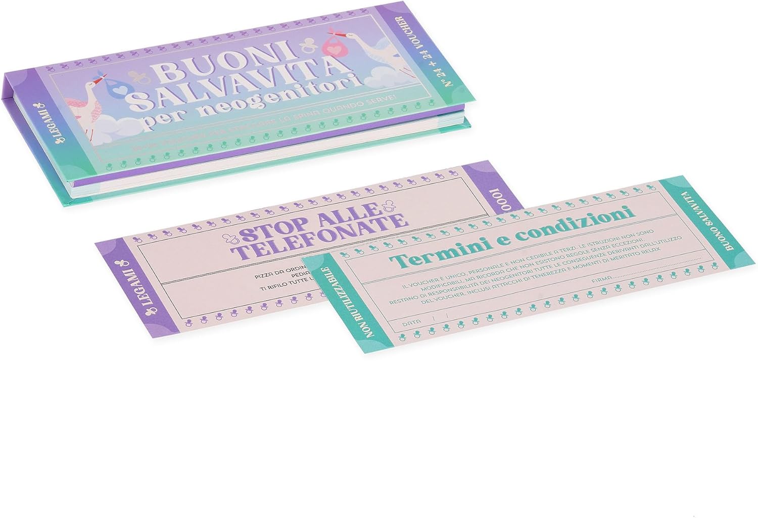 Legami - Pad of 48 (24 + 24) Voucher for New Parents in Italian, Voucher with Punched for Tear, Gift Idea, New Parents' Theme, 8 x 3.3 inches