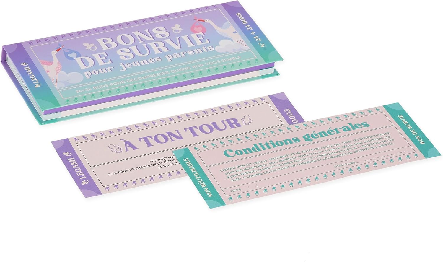 Legami - Bloc de 48 (24 + 24) bons d'achat pour les nouveaux parents en français, coupon à détacher, idée cadeau, thème des nouveaux parents, 20,3 x 8,4 cm