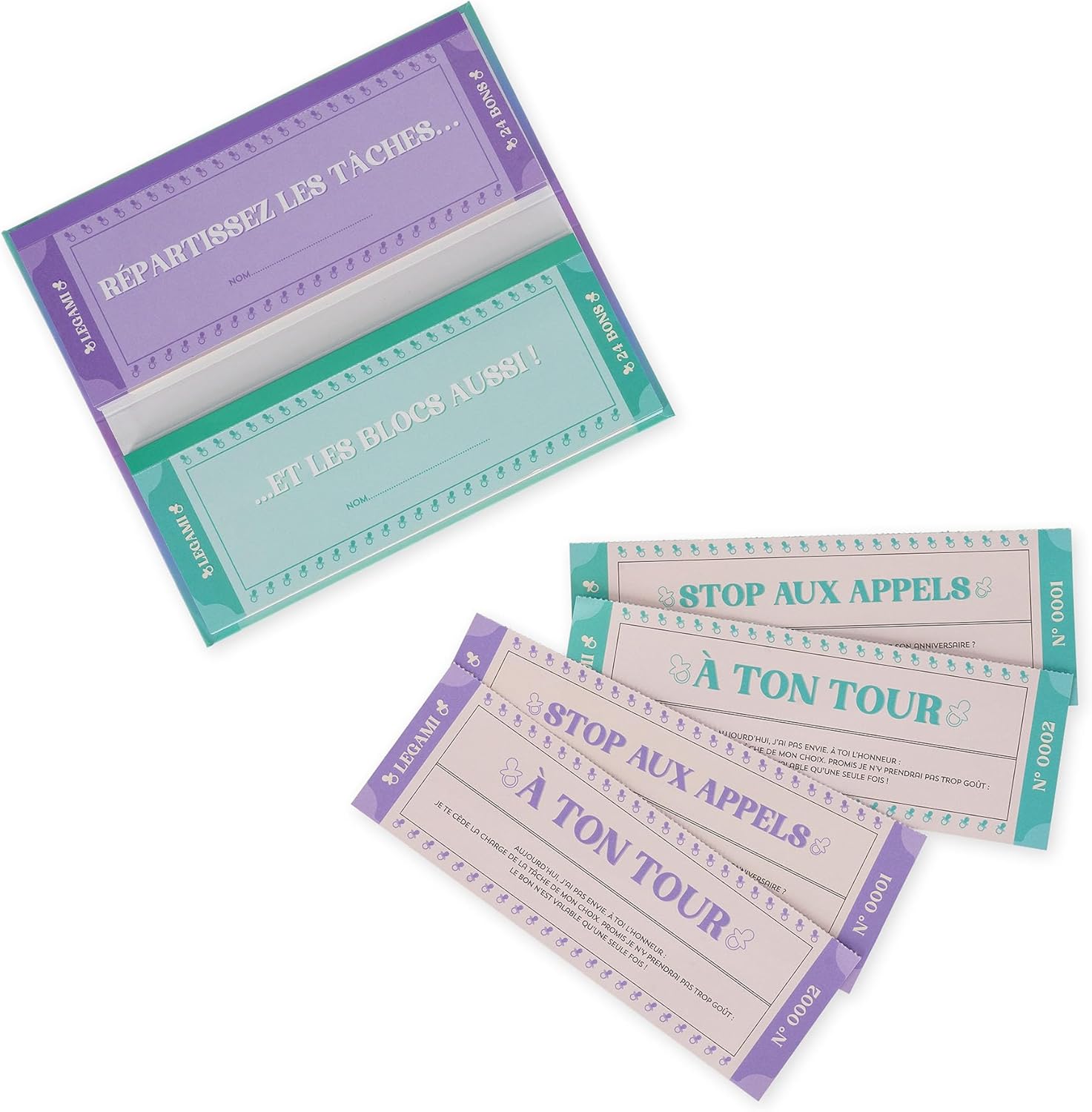 Legami - Bloc de 48 (24 + 24) bons d'achat pour les nouveaux parents en français, coupon à détacher, idée cadeau, thème des nouveaux parents, 20,3 x 8,4 cm