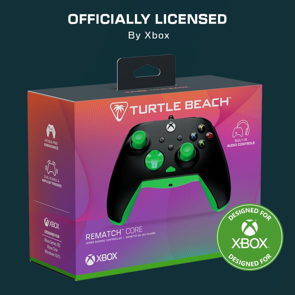 Turtle Beach Rematch Core Zwart/Groen Bekabelde Gamingcontroller – Gelicentieerd voor Xbox Series X en S, Xbox One en Windows-PCs – 2-Stops Impulstriggers, Audiobediening, Kabel van 2.5 m