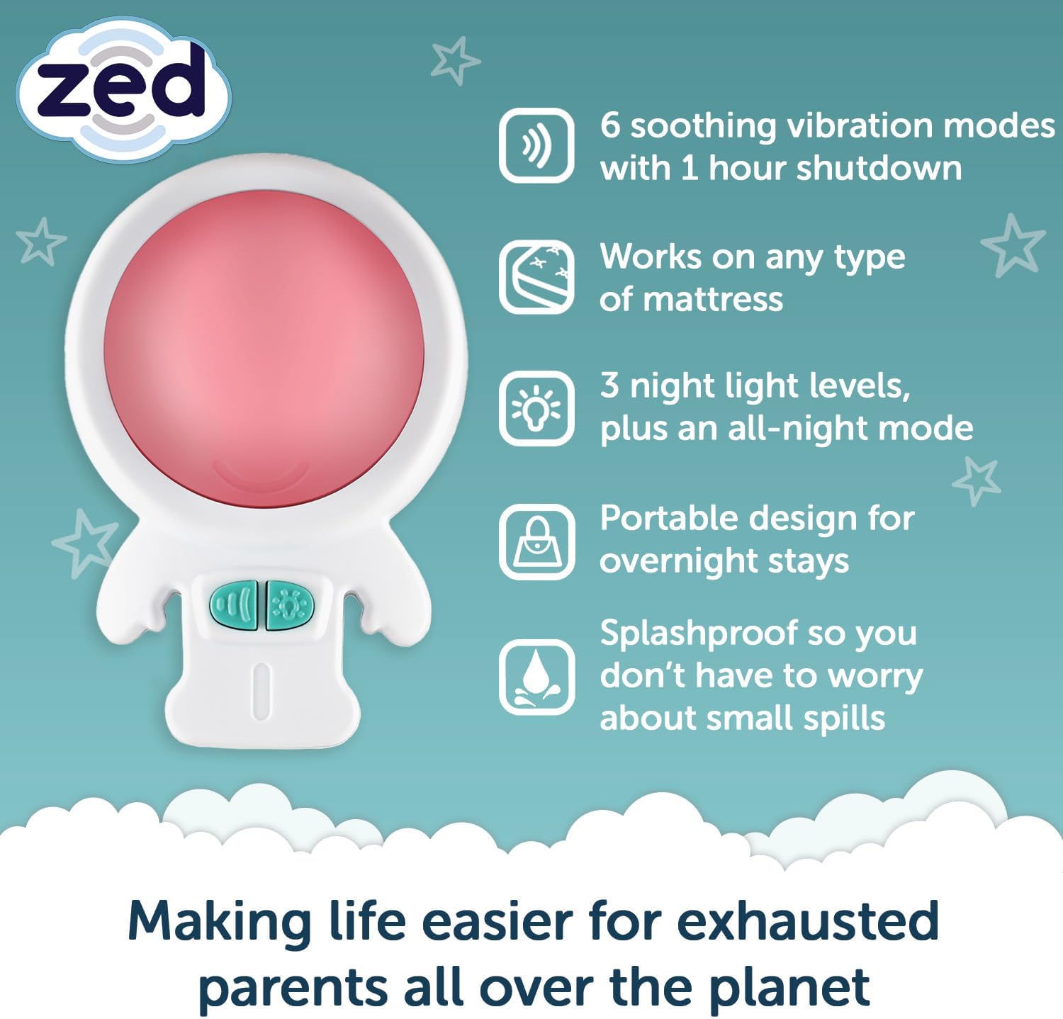 Zed by Rockit - Vibration Sleep Aid met kalmerend rood nachtlicht. voor kinderbedjes, wiegjes, moses manden en babybedjes. 6 rustgevende vibratie-instellingen.