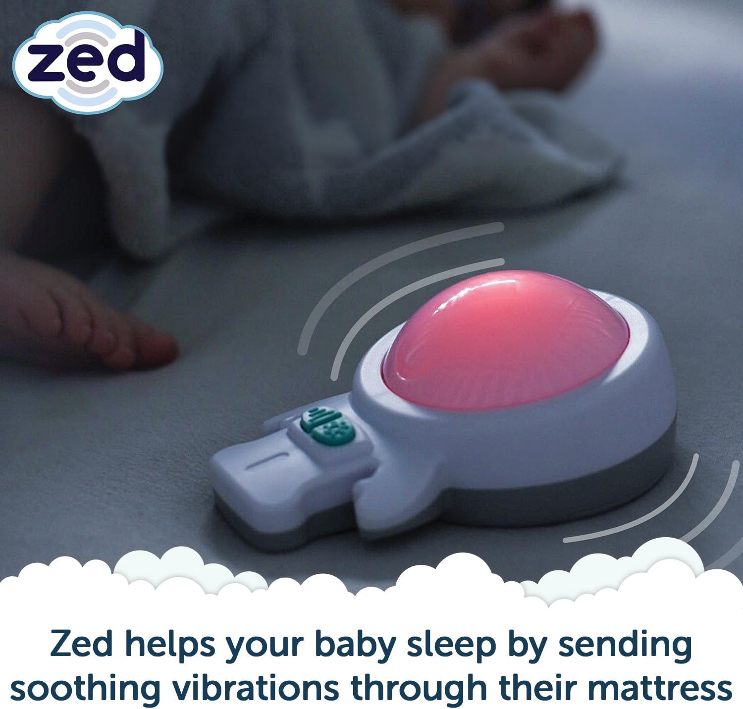 Zed by Rockit - Vibration Sleep Aid met kalmerend rood nachtlicht. voor kinderbedjes, wiegjes, moses manden en babybedjes. 6 rustgevende vibratie-instellingen.