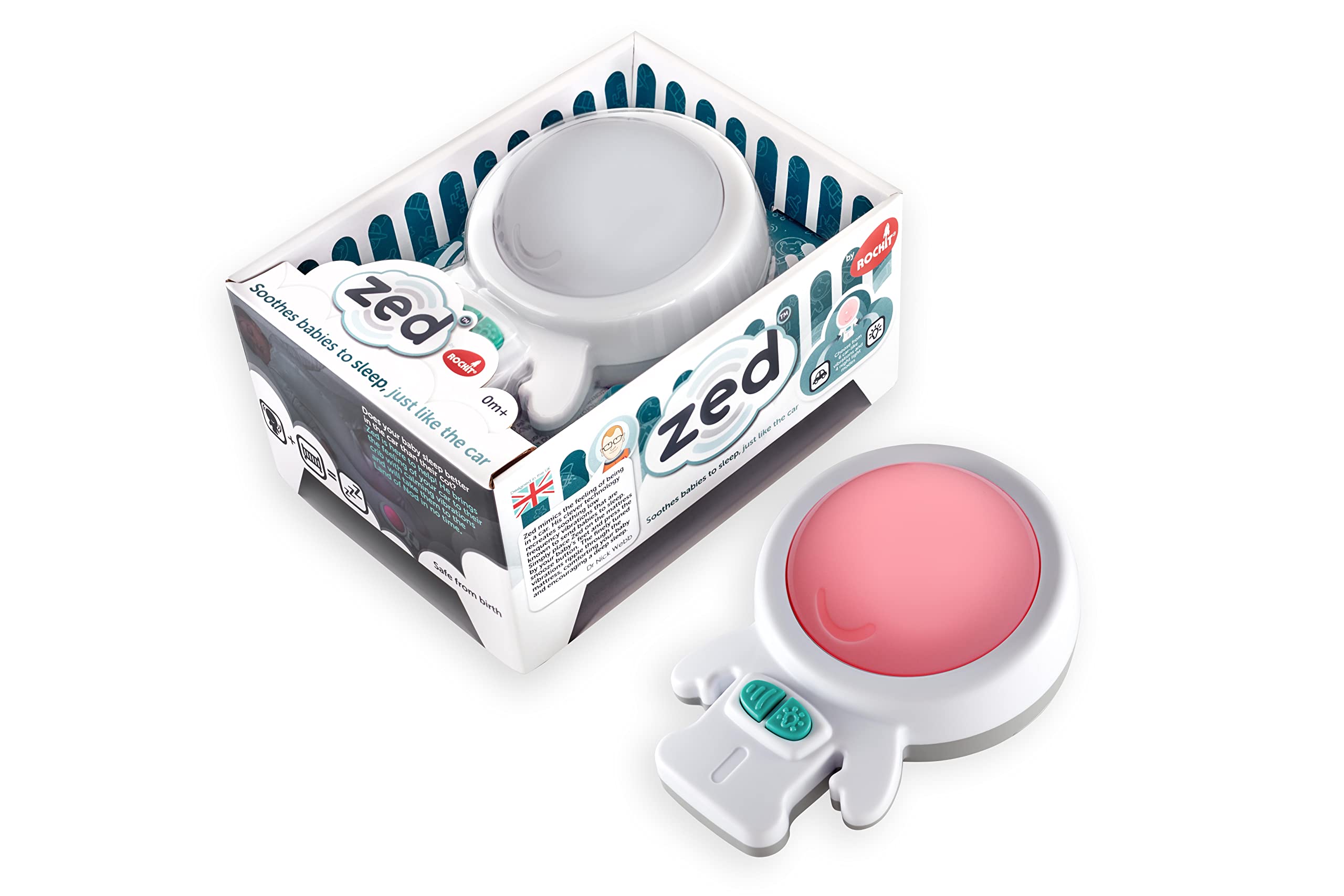 Zed by Rockit - Vibration Sleep Aid met kalmerend rood nachtlicht. voor kinderbedjes, wiegjes, moses manden en babybedjes. 6 rustgevende vibratie-instellingen.