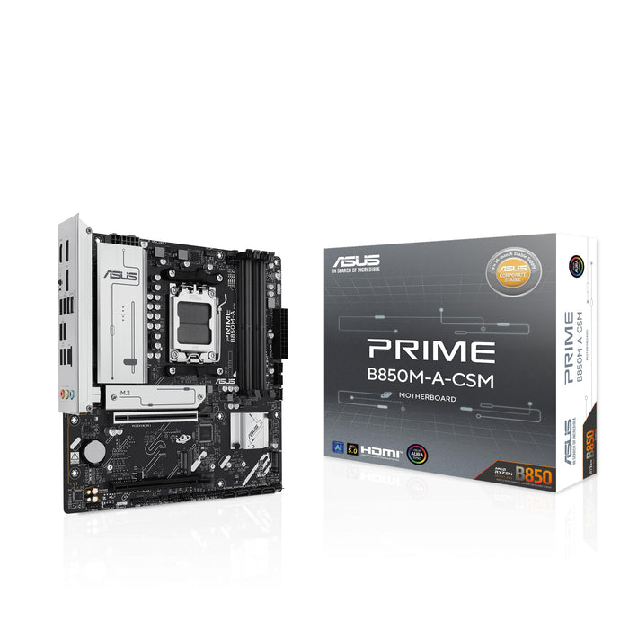 ASUS PRIME B850M-A-CSM, AMD mATX Motherboard, DDR5 Slot, PCIe 5.0 Ready, 3 M.2 Slots, Ethernet Realtek 2.5 Gb, DisplayPort, HDMI, Front USB-C 5 Gbps, BIOS FlashBack, Aura Sync
