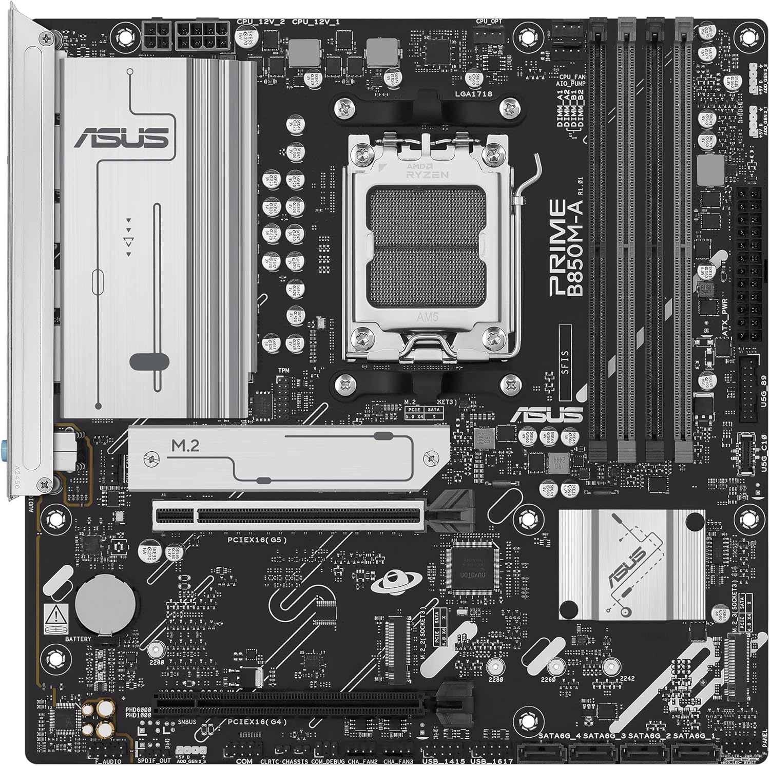 ASUS PRIME B850M-A-CSM, AMD mATX Motherboard, DDR5 Slot, PCIe 5.0 Ready, 3 M.2 Slots, Ethernet Realtek 2.5 Gb, DisplayPort, HDMI, Front USB-C 5 Gbps, BIOS FlashBack, Aura Sync