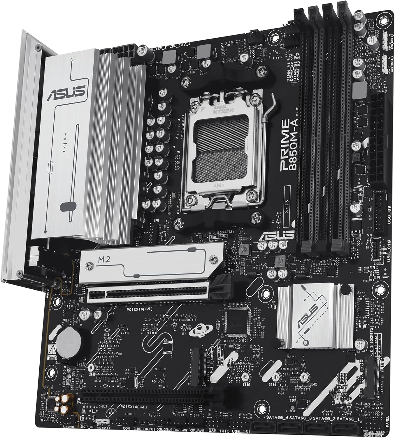 ASUS PRIME B850M-A-CSM, AMD mATX Motherboard, DDR5 Slot, PCIe 5.0 Ready, 3 M.2 Slots, Ethernet Realtek 2.5 Gb, DisplayPort, HDMI, Front USB-C 5 Gbps, BIOS FlashBack, Aura Sync