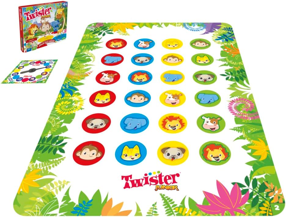 Twister Junior Dierenavonturen, dubbelzijdige mat, 2 spellen in 1, partyspel, binnenspel voor 2-4 spelers (Franse versie