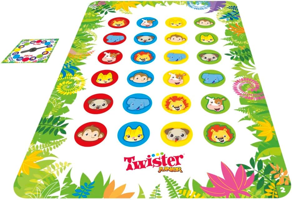 Twister Junior Dierenavonturen, dubbelzijdige mat, 2 spellen in 1, partyspel, binnenspel voor 2-4 spelers (Franse versie