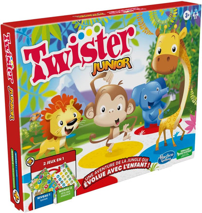 Twister Junior Dierenavonturen, dubbelzijdige mat, 2 spellen in 1, partyspel, binnenspel voor 2-4 spelers (Franse versie