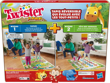 Twister Junior Dierenavonturen, dubbelzijdige mat, 2 spellen in 1, partyspel, binnenspel voor 2-4 spelers (Franse versie